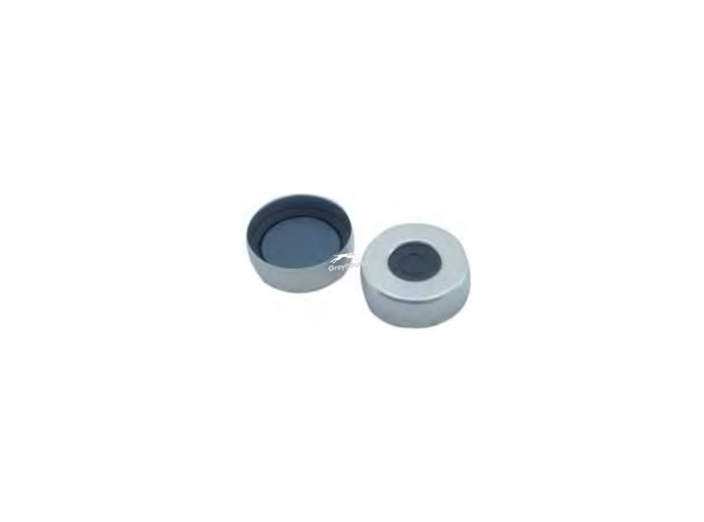 Picture of 20mm Aluminium Crimp Cap (Silver), Open Hole, with Pre-fitted Pharma-Fix Moulded Grey PTFE/Butyl Septa, 3mm, (Shore A 50)